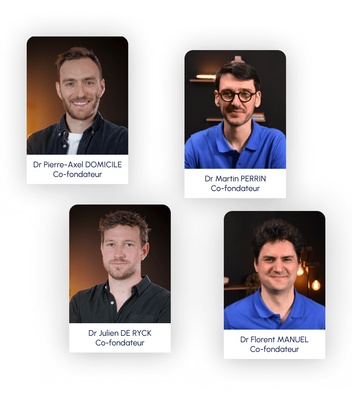 Les quatre cofondateurs dentistes de Giantix : Dr Pierre-Axel Domicile, Dr Martin Perrin, Dr Julien De Ryck, Dr Florent Manuel.